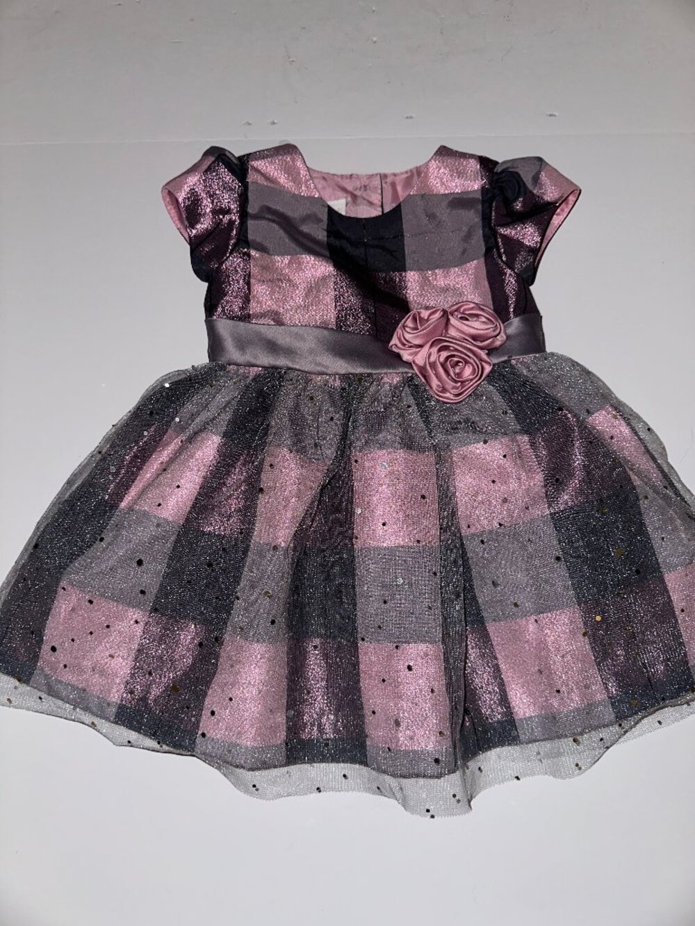 Bonnie Baby Pink & Black Dressy Dress Plaid layered skirt Size 18 Mo 18m